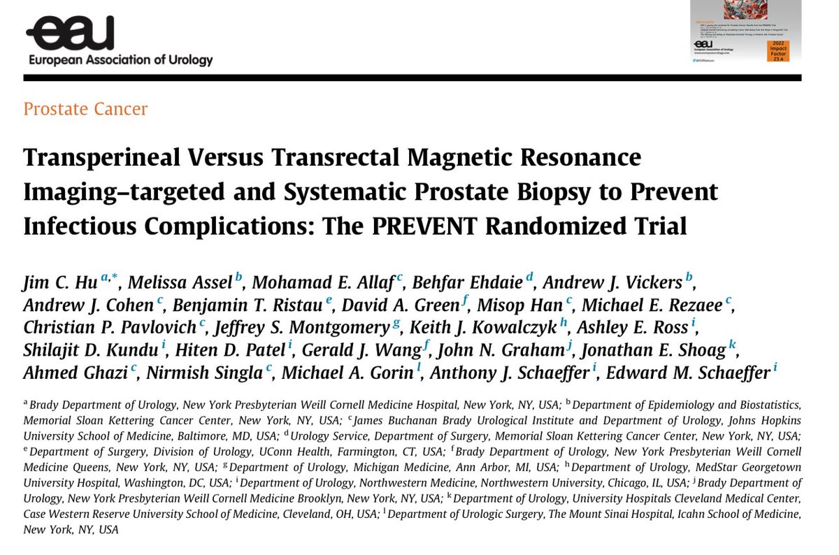 Transperineal Versus Transrectal Magnetic Resonance Imaging–targeted and Systematic Prostate Biopsy to Prevent Infectious Complications: The PREVENT Randomized Trial - ScienceDirect. Zero infections in TP without antibiotics. 1.4% in TR TARGETED prophylaxis. P=0.059. 53% vs 50%…