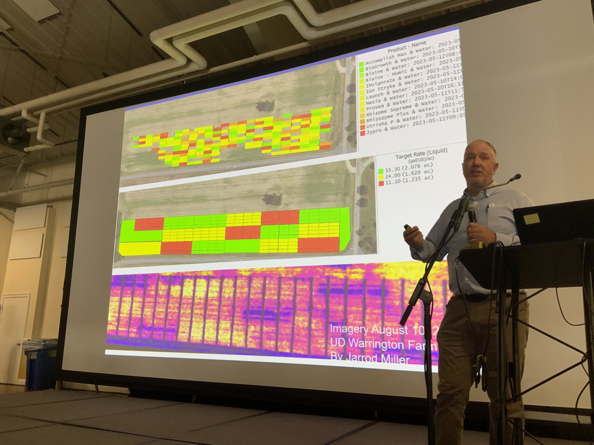 UDExtension's tweet photo. James Adkins @UDIrrigation uses #PrecisionAg imagery from @DEAgronomy (Jarrod Miller) to visualize how biological amendments work under 3 Nitrogen growing conditions w/corn/soybean at #UDEL Warrington Irrigation Farm at Harbeson #DelawareAgWeek https://t.co/xGFUNpU39k