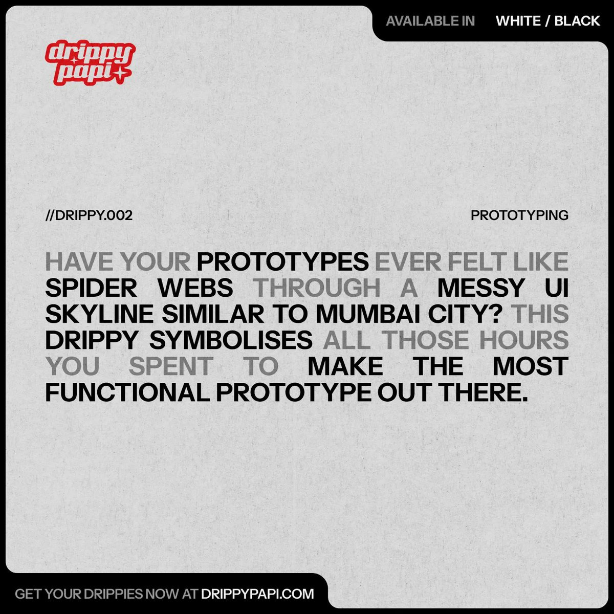 drippypapix's tweet photo. DRIPPY.002 // Prototyping
Have your prototypes ever felt like spider webs through a messy UI skyline similar to Mumbai City? This drippy symbolises all those hours you spent to make the most functional prototype out there.

Get your drippies now at https://t.co/afahLmxppI https://t.co/dDVcxc054L