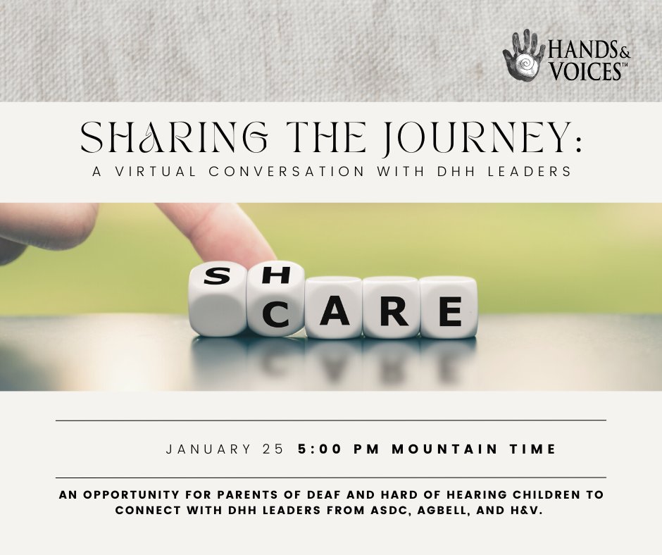 HandsandVoices's tweet photo. Mark your calendar for January 25th 2024, 5:00pm Mountain Time.

Sharing the Journey: A Virtual Conversation with DHH Leaders
An opportunity for parents of Deaf and Hard of Hearing Children to connect with DHH leaders from ASDC, AGBell, and H&amp;V.

https://t.co/x1sueacnzU https://t.co/lzizC2AYI4