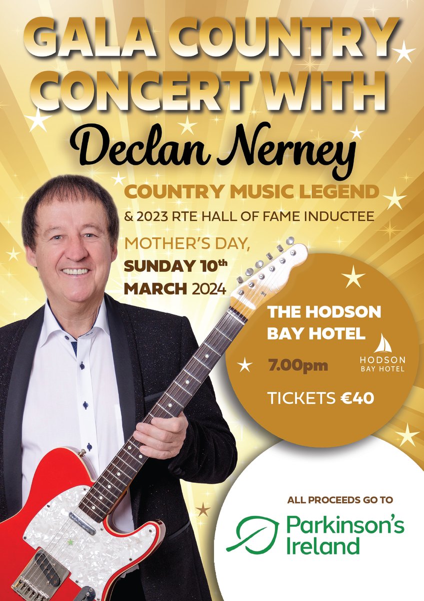Tickets are on sale for our Country Concert with Declan Nerney. Tickets are available through the link in our bio, or by phone: 1800 359 359 Overnight packages are available from the @Hodsonbayhotel please contact them for prices: info@hodsonbayhotel.com / 353 (0) 90 644 2004