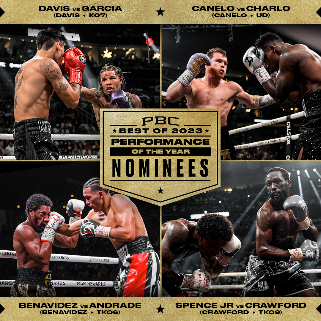 Here are your #BestOfPBC2023 nominees for #PerformanceOfTheYear! Let us know who YOU think should win, then check back next week as we reveal the winner! 🏆

#DavisGarcia
#CaneloCharlo
#BenavidezAndrade 
#SpenceCrawford