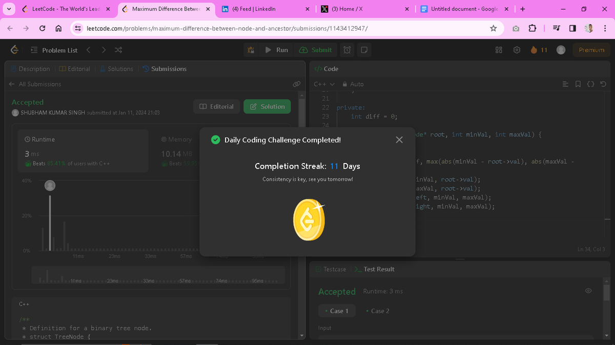 Solving daily problem (Day 11) on <a href="/LeetCode/">LeetCode</a>. Learning with fun and enjoying the journey of goal. 

Q.1026Maximum Difference Between Node and Ancestor.

#leetcodechallenge #problemsolving 
#improvement #LeetCode #CodingChallenge 
#NewSkills #DailyChallenges #LearnInPublic