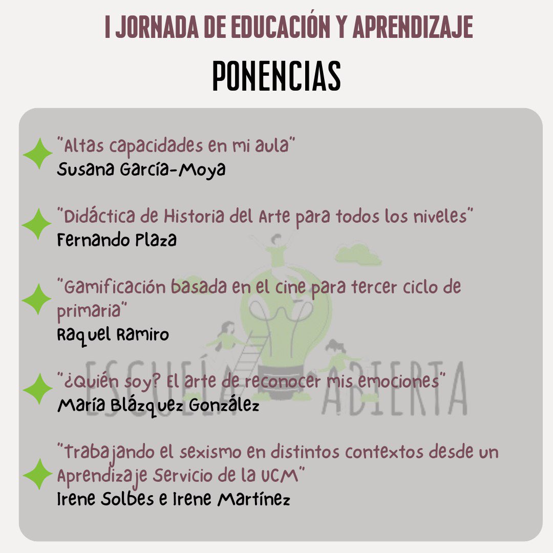 _escuelabierta_'s tweet photo. 📅 de FEBRERO .

Aquí os dejamos las ponencias confirmadas para nuestra I Jornada de Educación y Aprendizaje, ¿te lo vas a perder?

#educacion #encuentroeducativo #escuelaabierta #IJEA https://t.co/2dhOe3Pqbt