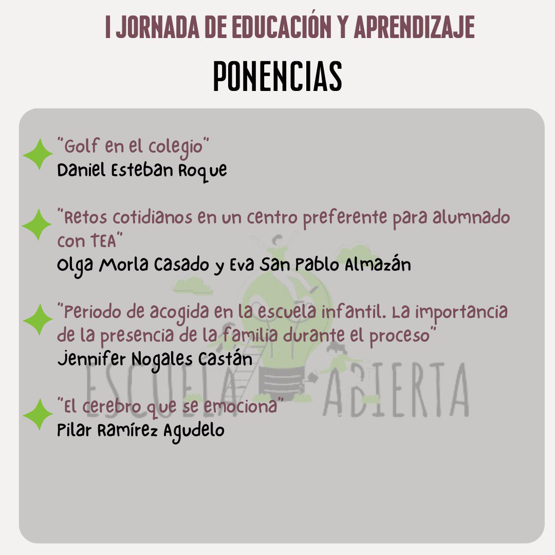 _escuelabierta_'s tweet photo. 📅 de FEBRERO .

Aquí os dejamos las ponencias confirmadas para nuestra I Jornada de Educación y Aprendizaje, ¿te lo vas a perder?

#educacion #encuentroeducativo #escuelaabierta #IJEA https://t.co/2dhOe3Pqbt