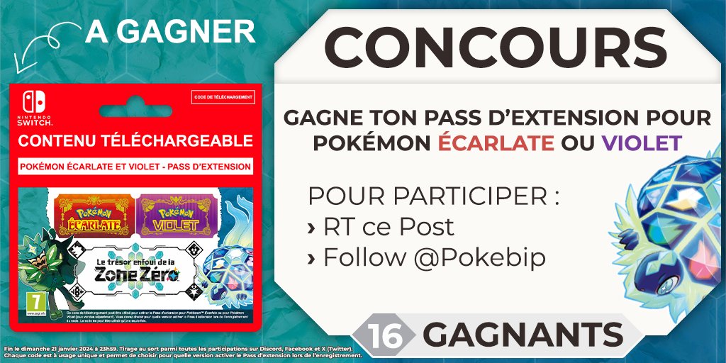 ✨𝗖𝗢𝗡𝗖𝗢𝗨𝗥𝗦🎁
Pour fêter la sortie de l'épilogue de #PokémonÉcarlateViolet, nous faisons gagner 16 codes pour le DLC du jeu !

🗳️Pour participer :
› RT ce Tweet
› Follow <a href="/Pokebip/">Pokébip</a>

📅Fin le 21/01 à 23h59
🎉16 Gagnants

➡️Augmente tes chances sur Facebook et Discord