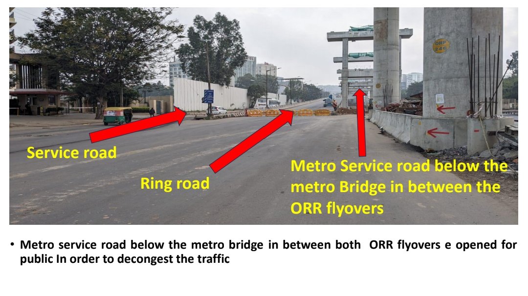 DCPSouthTrBCP's tweet image. Tweet 2:
"Identifying an unused route under flyovers from Bellandur to Ecospace, we collaborated with BMRCL to craft a new lane, easing the journey from Sarjapur to Ecospace, bypassing Ibloor congestion. #Bengalurupolice #EfficientCommute (2/5)