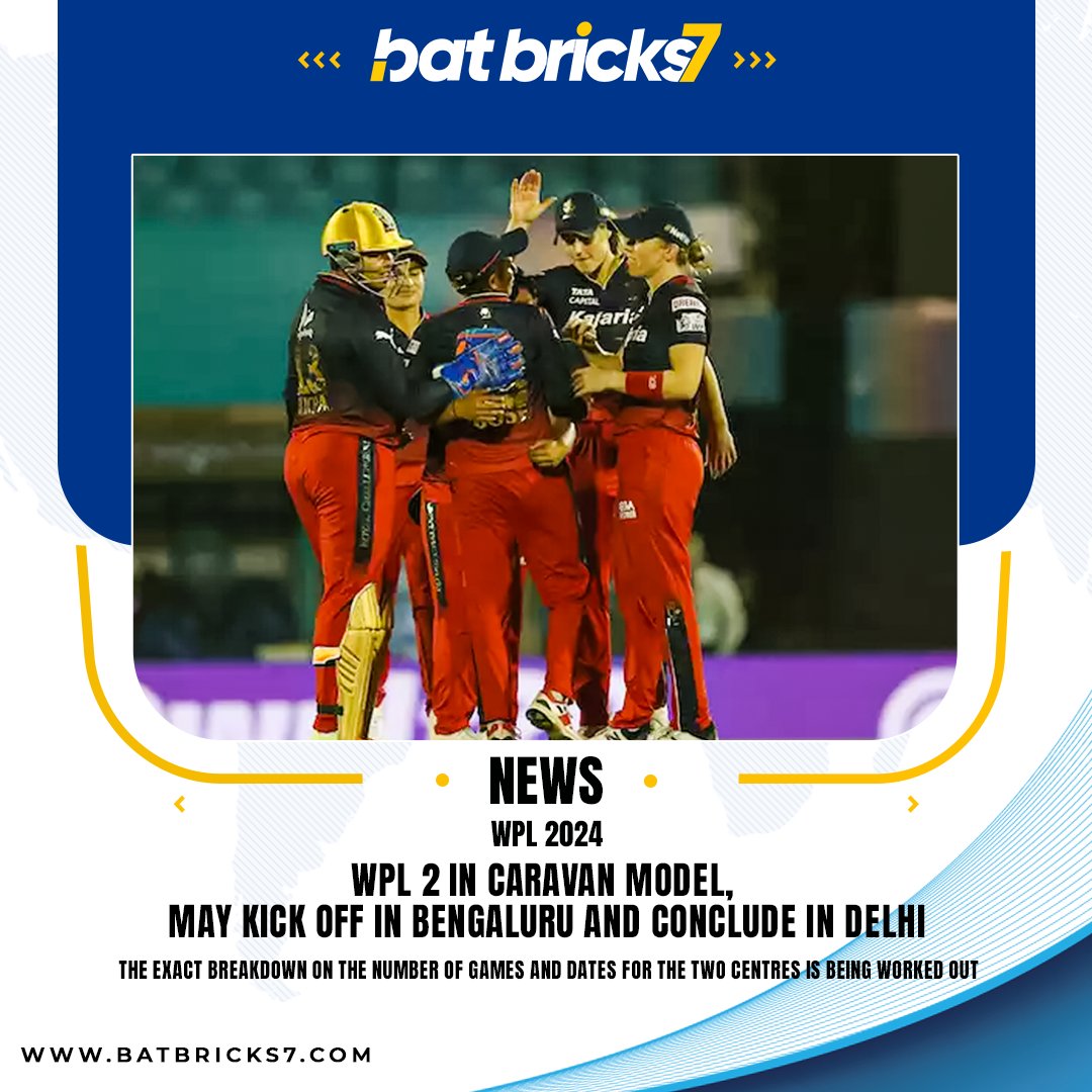 Batbricks7's tweet photo. WPL 2024
WPL 2 in caravan model, may kick off in Bengaluru and conclude in Delhi.
The exact breakdown on the number of games and dates for the two centres is being worked out.

.
.
#batbricks7 #news #wpl #2024 https://t.co/wI8rk72GST