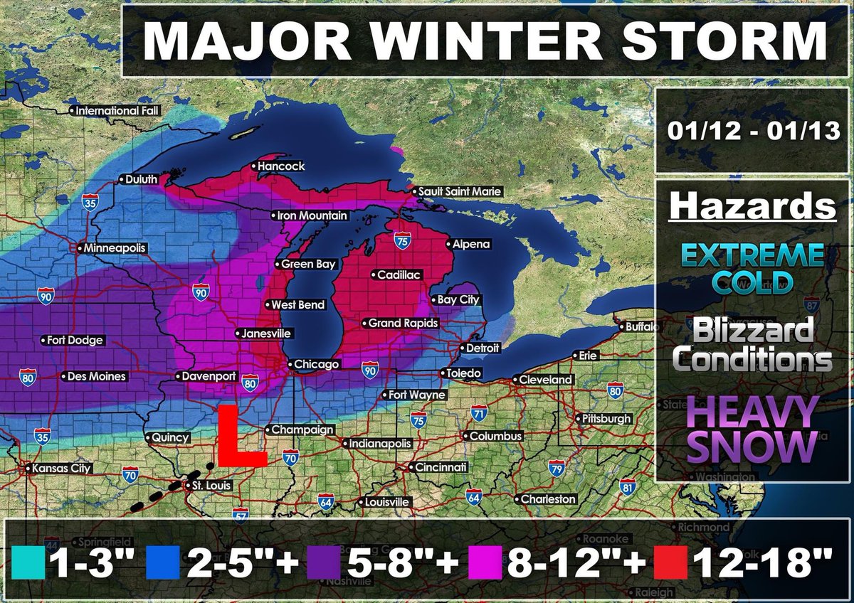 ChicagoMWeather's tweet photo. 🌨️ **Major Winter Storm Alert!** 🌬️

Get ready, folks! I've just finished working on my latest snowfall forecast map for the upcoming winter storm, and it's going to be a doozy! ❄️❄️❄️ Starting tomorrow morning and lasting until Sunday, several states are in for some extreme impacts. 😱

🗓️ Mark your calendars: The main time frame for this winter blast will be from January 12th to the 14th. But brace yourselves, because the heaviest snowfall and blizzard conditions will hit during the afternoon on Friday through Saturday afternoon. 🌪️🌪️🌪️

⏳ Keep in mind that this could become a longer duration event if the system moves slowly through the Great Lakes region. But hey, at least the forecast models are all in agreement on these snowfall totals! 🤞

🏖️ Now, if you're living within 2-10 miles of the lake shore, you might catch a break with slightly less snowfall due to warm air off the lake. 🌊 But don't get too comfortable just yet — those in NE Illinois might experience lake enhancement, which could actually increase snowfall rates. ❄️🔥

🧣 So, grab your coats, scarves, and mittens! It's time to prepare for this winter wonderland. Stay safe and check back for updates as we continue to track this storm closely! ❄️❤️

More details: This system will be producing monster waves off Lake Michigan during the day on Friday that will target NE IL/E WI... But the winds will switch on Saturday out of the WNW. This will create the stage for monster waves targeting W MI shorelines. I expect 20-25 foot waves on Saturday Morning across Michigan shorelines across SW/W Michigan. 

Snowfall totals can still change within last second, But the NDFD, FV3, EURO, AND GFS are in all good agreement. The higher resolution models are struggling with the lake enhancement part, But I expect that to change during the event. 

I don't recommend driving during the day on Friday/Friday Night due to 45-55mph winds and heavy snow which will lead to Blizzard conditions. The wind field on this storm system is huge. The models show this system bombing out as it passes Lake Michigan. Depending on how deep the mb goes will differ snow totals/winds. 

I think everyone is in for a crude awakening... Some places may even see close to 2 feet of snow. 

SW Michigan has been showing strong lake effect behind this system Saturday night - Monday. This could add more snow! 

#WinterStormAlert #Snowmageddon #BundleUp #StaySafe #BlizzardConditions #SnowForecast #WinterIsHere #SnowyDays #WinterWonderland #StayWarm #Snowpocalypse #SnowDays #WinterPreparedness #Snowstorm2022 #ExtremeWeather #SnowfallTotals #GreatLakesRegion #LakeEnhancement #WinterTips #SnowyOutlook #SnowfallForecast @windycityscann  @CPD1617Scanner  @reesetheone1 @lib_crusher