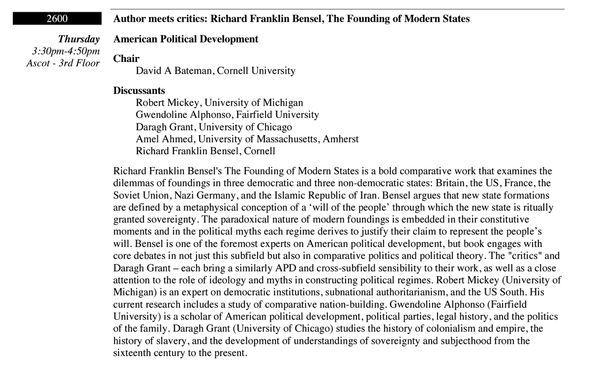 If you're in New Orleans for SPSA, or just in New Orleans and interested, come on by to Ascot 3rd floor of the Hilton Riverside for an author meets critics on Richard Bensel's fantastic The Founding of Modern States. 3:30pm. Be there and be square. #SPSA2024