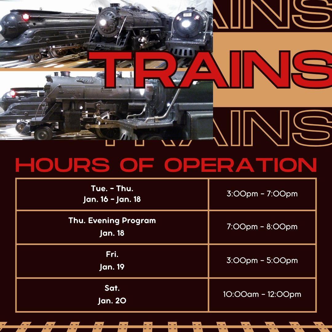Bergenfield Elks Lodge 1477 is sponsoring an exhibition of model trains at Bergenfield Public Library! In conjunction with the model train display, a presentation detailing electric toy train history and a following Q&amp;A will be held on Jan 18. 

See below for the full schedule.