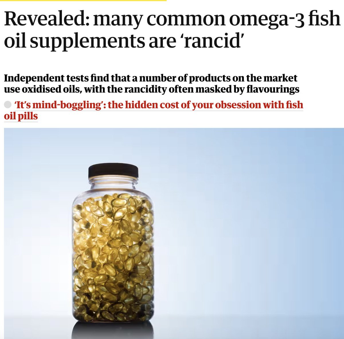 Stop taking fish oil

Most of them are loaded with oxidized fatty acids that break down into toxins like HNE and MDA.

Even if they're not oxidized in the bottle, they will be oxidized when you digest them.

Studies on mammals also show that they impair lifespan and slow
