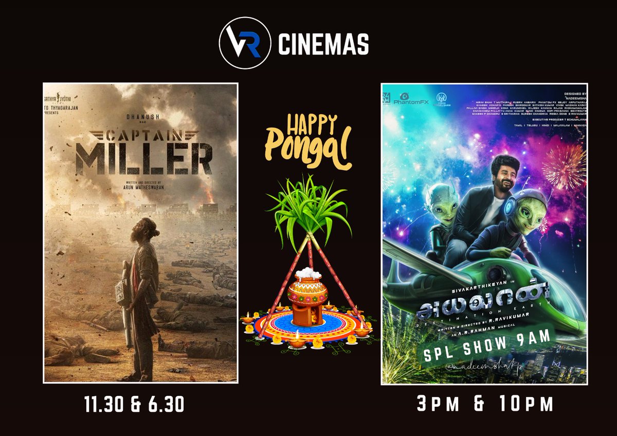" Celebrate Pongal with a burst of cinematic joy! 🎥✨ Thrilled to unveil our movie release #CaptainMilIer &amp; #Ayalaan <a href="/cinemas_vr/">VR Cinemas</a>