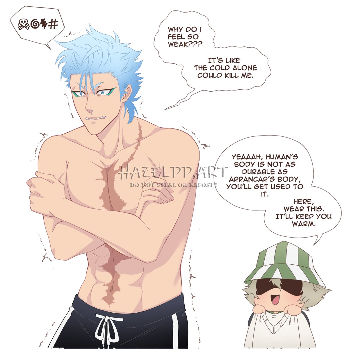 First time wearing gigai.  Urahara made a new type that's compatible for arrancars. 
.
Ichi: How does it feel to be like a "normal human"😏?
Grim: It sucks 🤬!!!
.
#grimmjowjaegerjaquez #nellieltuodelschwanck #BLEACH #fanart #hzldd #digitalart