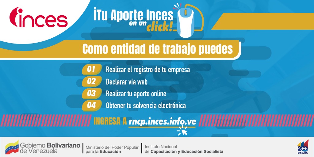 ¡Atención Entidades de Trabajo!

Ingresando al Registro Nacional de Contribuciones Parafiscales (RNCP) podrás determinar en qué condición se encuentra tu entidad de trabajo. 

 #TuAporteIncesEnUnClick
#VenezuelaAvanzaEnPaz
