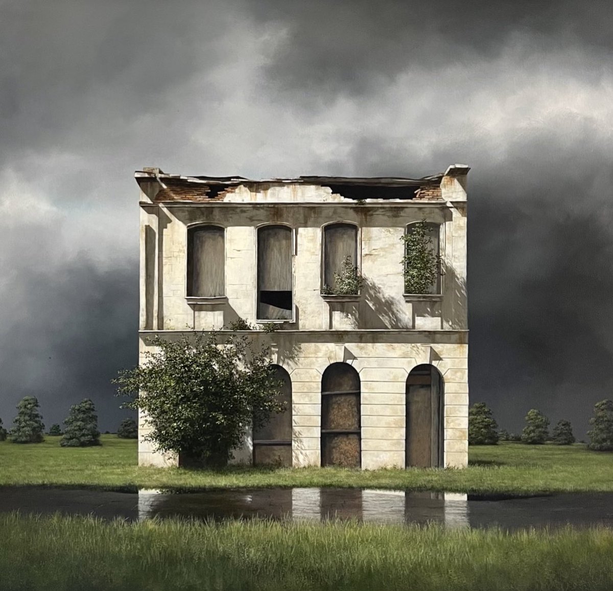 LeeMadgwick's tweet photo. Hi #PortfolioDay, I’m a painter from England. I’m a fan of abandoned buildings and quiet, mildly foreboding landscapes. Here are just four examples. (All oil/acrylic on canvas.) https://t.co/kCtnCrh2bq