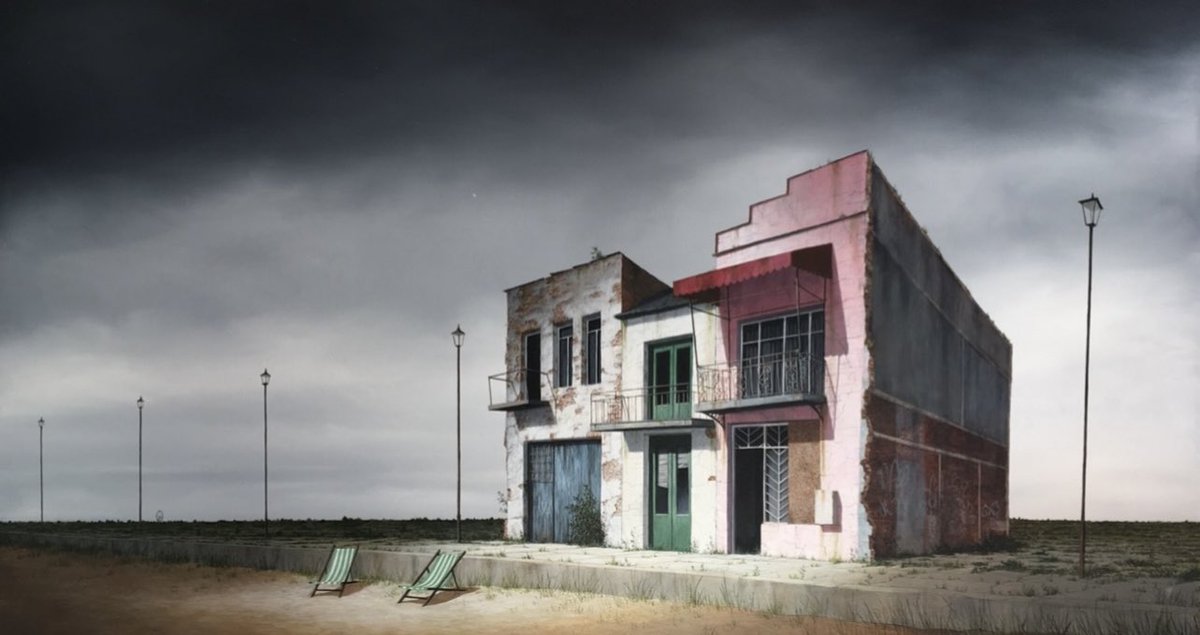 LeeMadgwick's tweet photo. Hi #PortfolioDay, I’m a painter from England. I’m a fan of abandoned buildings and quiet, mildly foreboding landscapes. Here are just four examples. (All oil/acrylic on canvas.) https://t.co/kCtnCrh2bq