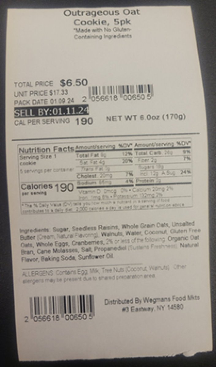 Wegmans Food Markets, Inc. Issues Allergy Alert on Outrageous Oat Cookies for Undeclared Wheat fda.gov/safety/recalls…