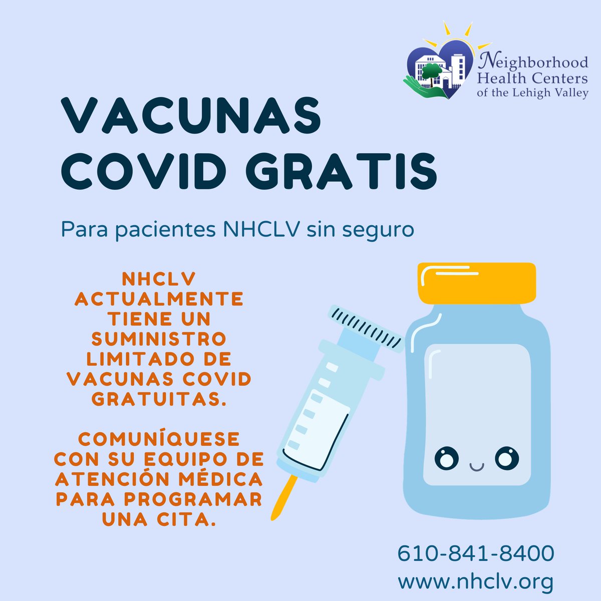 If you are an NHCLV patient who doesn't have health insurance coverage but still needs to get their COVID vaccine, please contact your healthcare team.
We have a limited supply of vaccines for uninsured patients only.
610-841-8400 nhclv.org