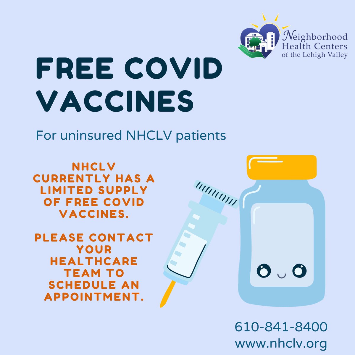 nhclv's tweet photo. If you are an NHCLV patient who doesn't have health insurance coverage but still needs to get their COVID vaccine, please contact your healthcare team.
We have a limited supply of vaccines for uninsured patients only.
610-841-8400 https://t.co/zyhWd4XNeO https://t.co/RMb4H0HLkx