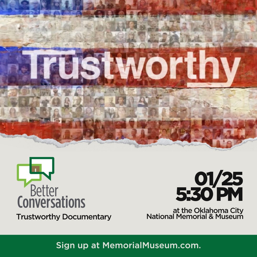 OKCNM's tweet photo. This special Better Conversations event is just two weeks away!

On Thursday, January 25, join us at the Memorial Museum for dinner, drinks and a screening of ‘Trustworthy’ with Executive Producer Stephany Zamora: https://t.co/oscJwVpkkQ https://t.co/XzfYqCHkPG