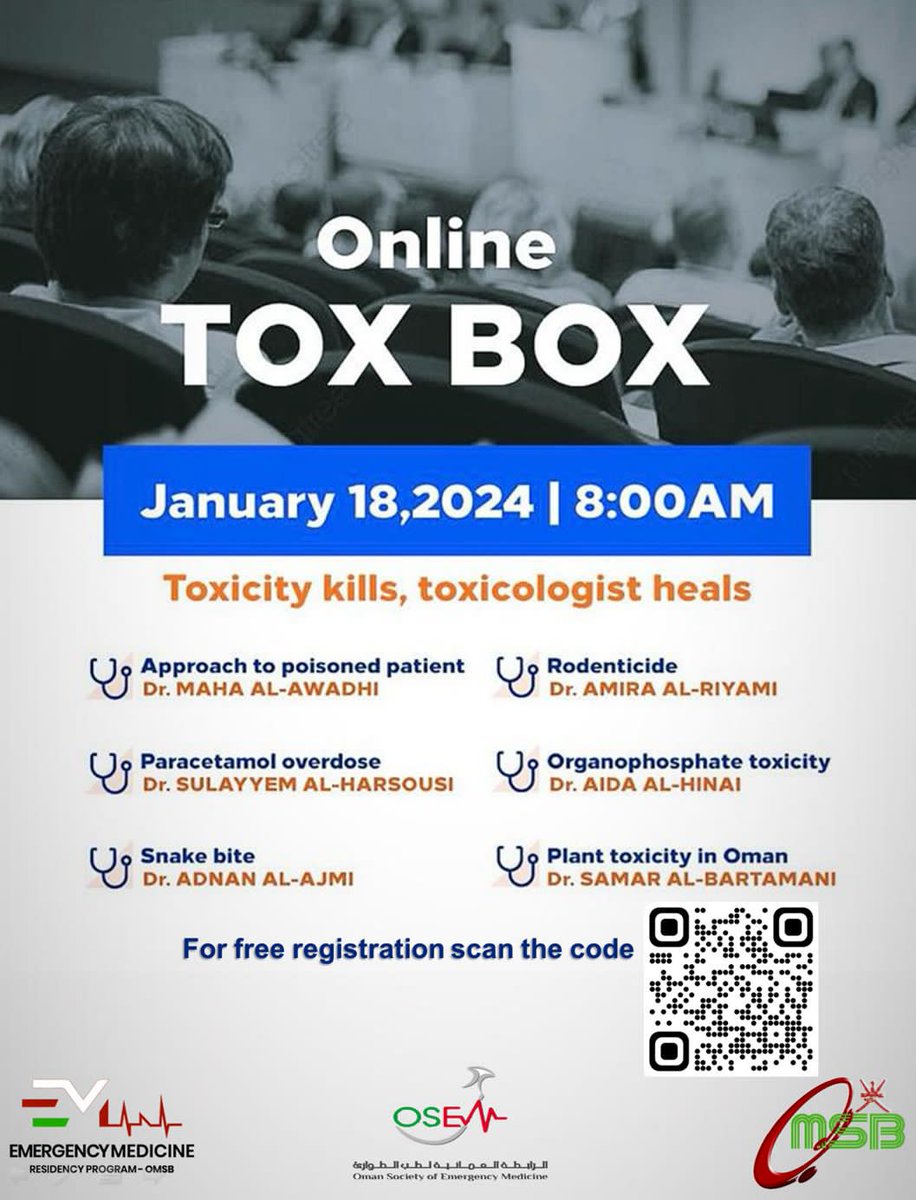 Our Online EM Resident's Tox Box is back, 
Make sure you book your slot, 
Seats are limited,,
<a href="/MENATOX/">MENATOX</a>  <a href="/OMSB_OM/">المجلس العُماني للاختصاصات الطبية - سلطنة عُمان</a> , <a href="/EM_OMSB/">Emergency Medicine</a>