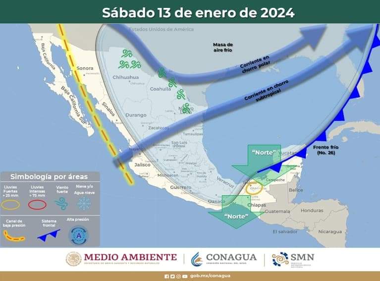 PCivilCancun's tweet image. 📢 AVISO 

🌬️ Frente frío #26 
Estará afectando principalmente la zona norte del Estado. 

Debido al desplazamiento del Frente Frío #26 que estará afectando de manera gradual al Estado de Quintana Roo durante el día sábado, generará incremento de nublados y lluvias que podrán
1/3
