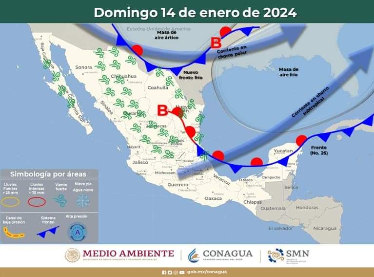 PCivilCancun's tweet image. 📢 AVISO 

🌬️ Frente frío #26 
Estará afectando principalmente la zona norte del Estado. 

Debido al desplazamiento del Frente Frío #26 que estará afectando de manera gradual al Estado de Quintana Roo durante el día sábado, generará incremento de nublados y lluvias que podrán
1/3