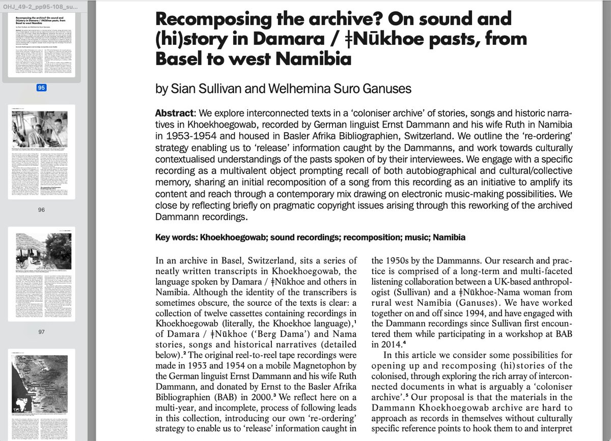 🎶 "Recomposing the archive? On sound and (hi)story in Damara / ǂNūkhoe pasts, from Basel to west Namibia" with W.S. Ganuses, in Oral History (2021): jstor.org/stable/48670161