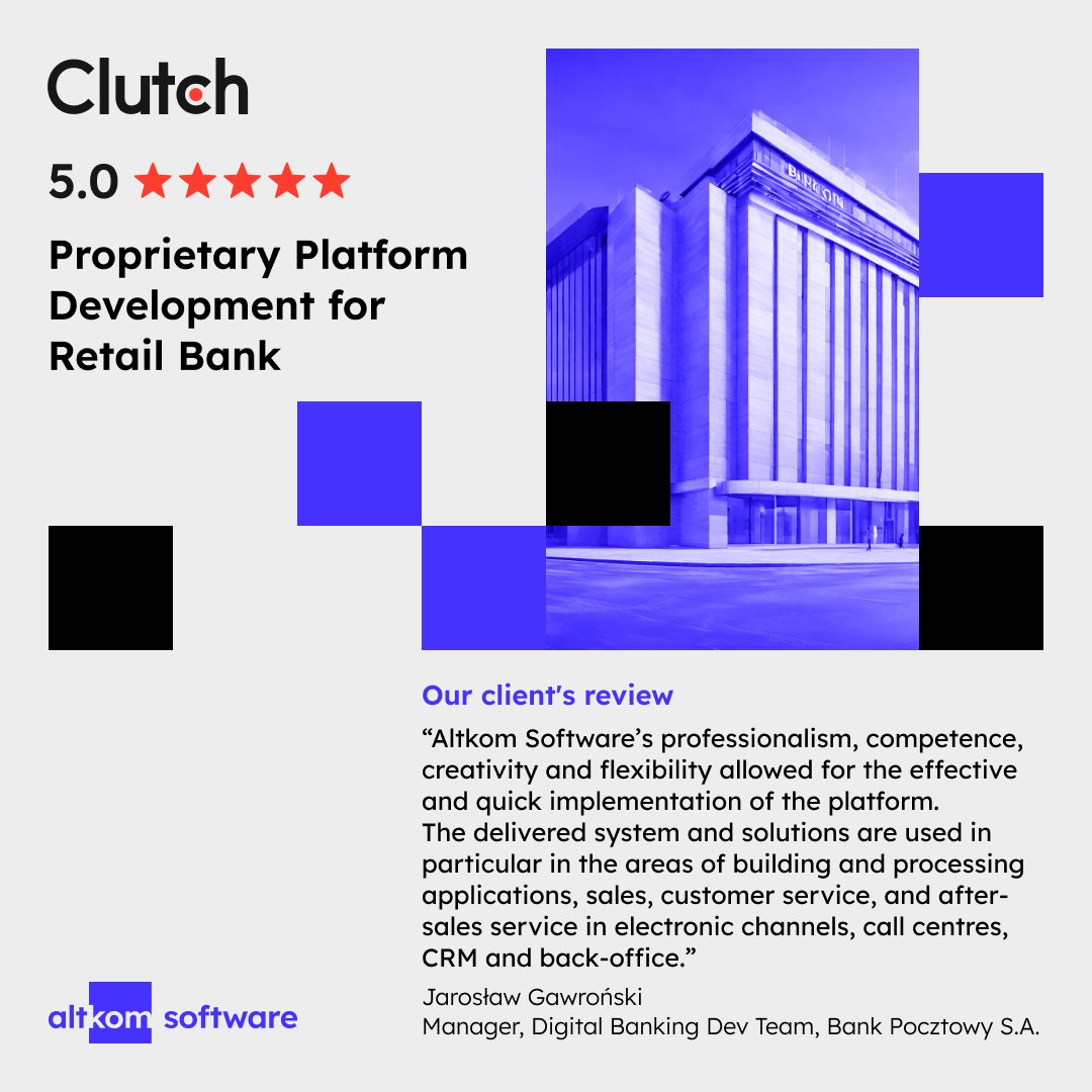 🌟 Another five-star review on our #Clutch profile ➡️ clutch.co/profile/altkom…

#bank #banking #platform #softwaredevelopment