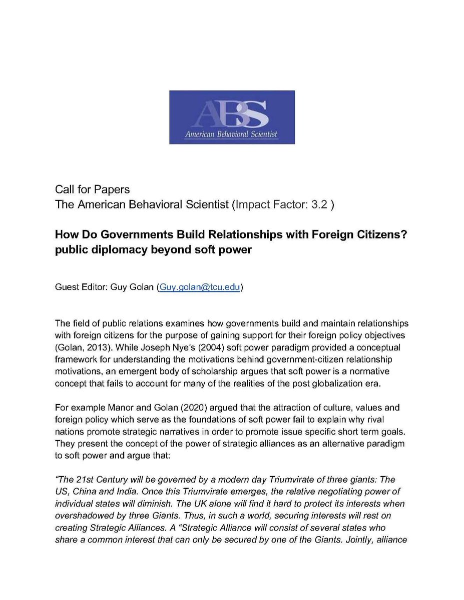 Guy Golan (@guygolan) on Twitter photo I am editing a special issue of the American Behavioral Scientist focused on public diplomacy and government to foreign citizen relationship beyond soft power. Please read the CFP and email me for more info, happy 2 talk <a href="/ICA_PD/">ICA Public Diplomacy Interest Group</a> <a href="/AEJMC_PRD/">AEJMC PRD</a> <a href="/AEJMC/">AEJMC</a> <a href="/Public_Diplomat/">The Public Diplomat</a> #publicdiplomacy I am editing a special issue of the American Behavioral Scientist focused on public diplomacy and government to foreign citizen relationship beyond soft power. Please read the CFP and email me for more info, happy 2 talk <a href="/ICA_PD/">ICA Public Diplomacy Interest Group</a> <a href="/AEJMC_PRD/">AEJMC PRD</a> <a href="/AEJMC/">AEJMC</a> <a href="/Public_Diplomat/">The Public Diplomat</a> #publicdiplomacy
