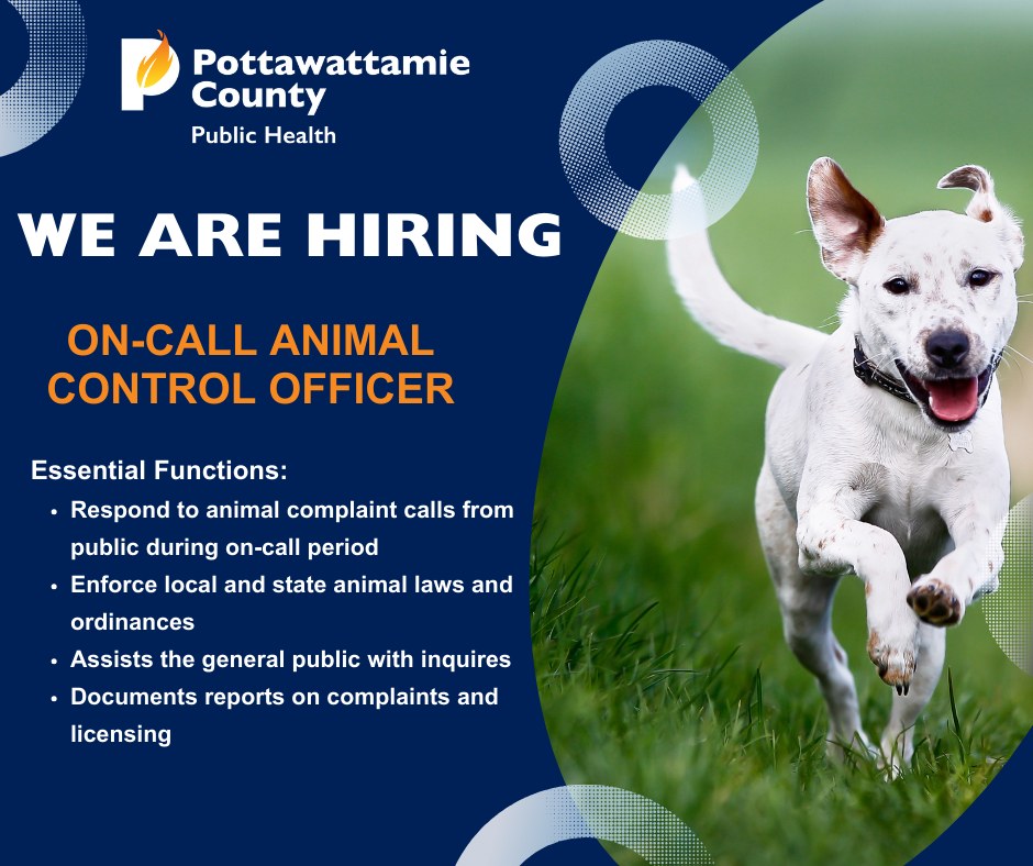 PottCoPHD's tweet image. We are looking for an individual who has a passion for animals and serving our community to join our team! Pottawattamie County Public Health is hiring for an On-Call Animal Control Position! 

Apply here 👇
pottcounty-ia.gov/jobs/