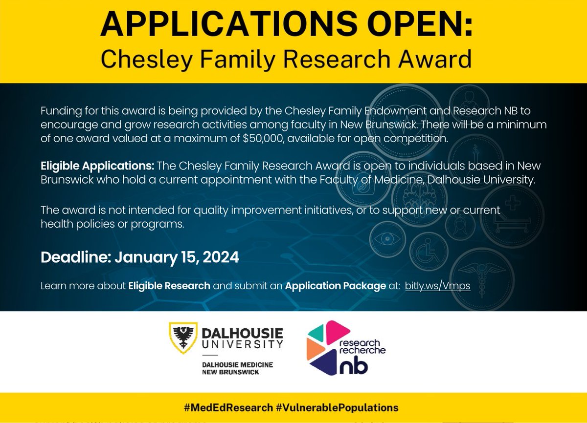 📅Reminder to our research community:

Applications for the Chesley Family Research Award are due by Monday January 15th!

💻Check out bitly.ws/Vmps for submission guidelines 

#ChelseyResearchAward #ResearchExcellence
