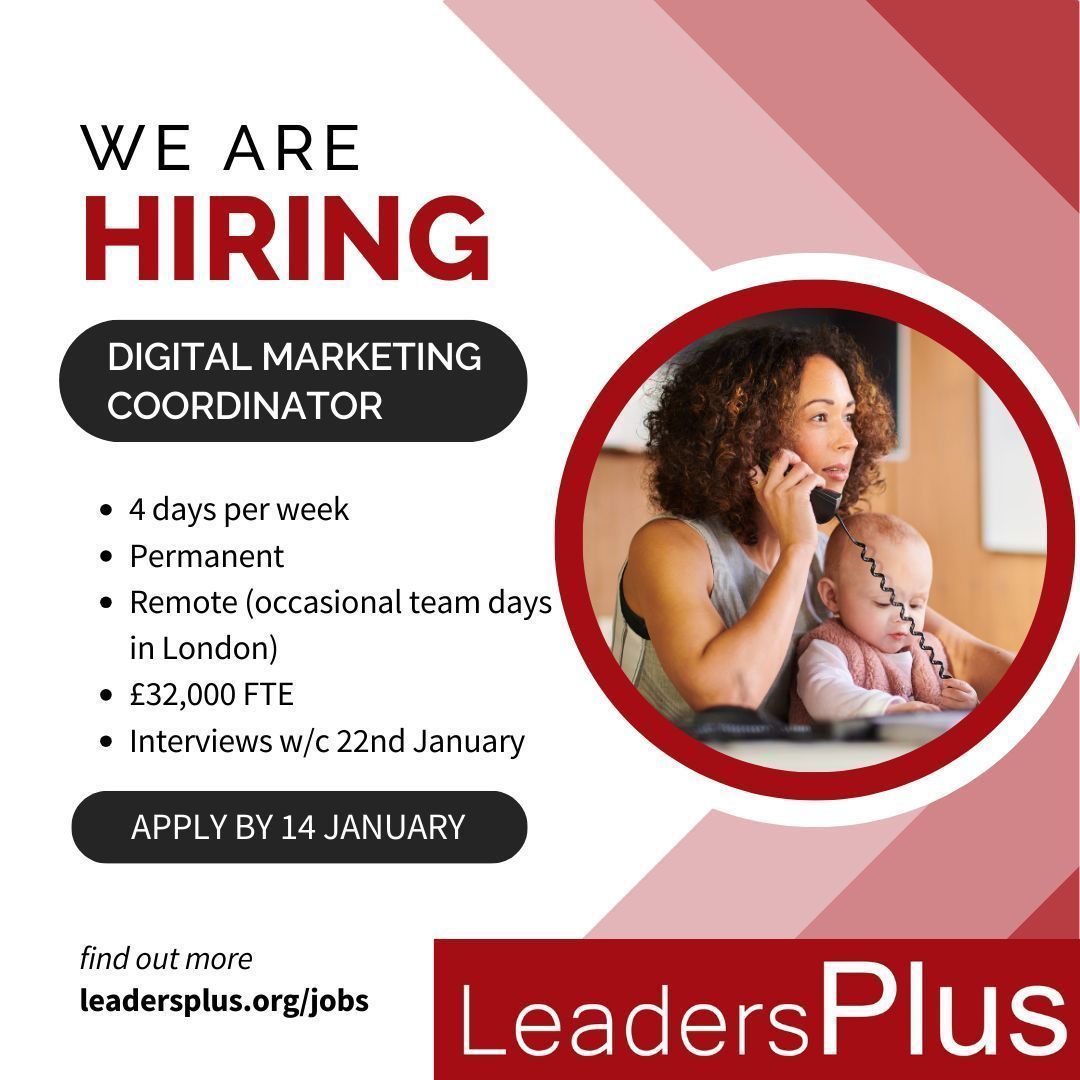 We're hiring for a Digital Marketing Coordinator. 

Take a look at the full job spec and help us to support more leaders with young children to progress their career buff.ly/3RCKJWS 

Apply by 14/01.

#FlexibleJobs #MarketingJobs