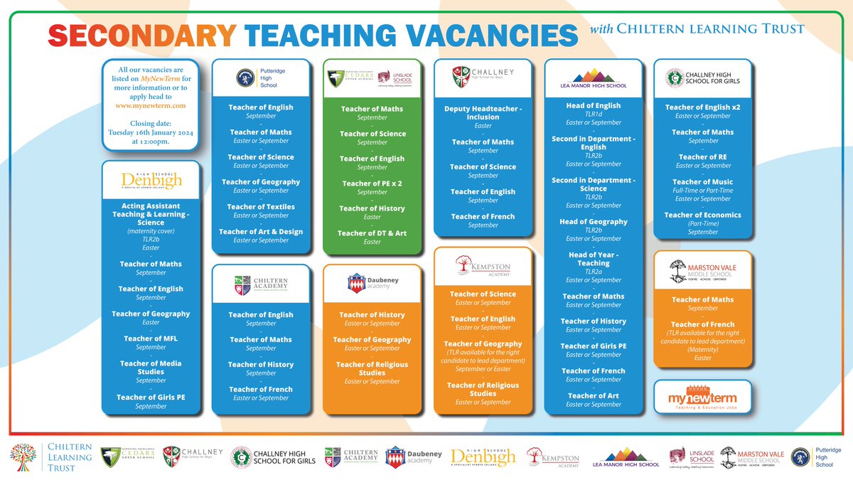 Are you looking for a job in SECONDARY education?   There is less than one week to apply for the jobs we have available in Secondary for 2024!  For more details, visit <a href="/mynewterm/">MyNewTerm</a>. 

If you would prefer to speak to the schools directly, come along to our recruitment event this