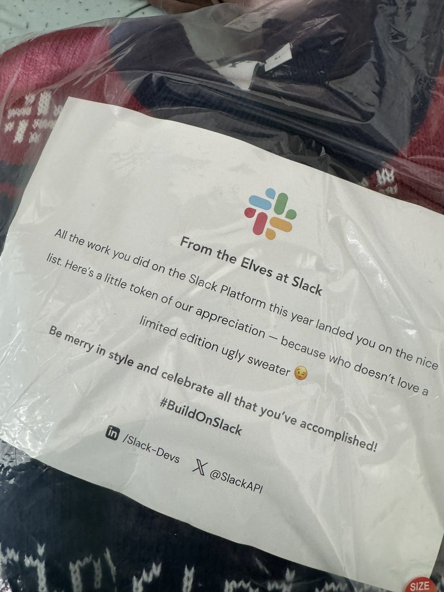 drishtijjain's tweet photo. Got my ugly Christmas Sweater a bit late, it is AWESOME @SlackAPI ! ๐
#BuildOnSlack https://t.co/DRcQ84lR1f