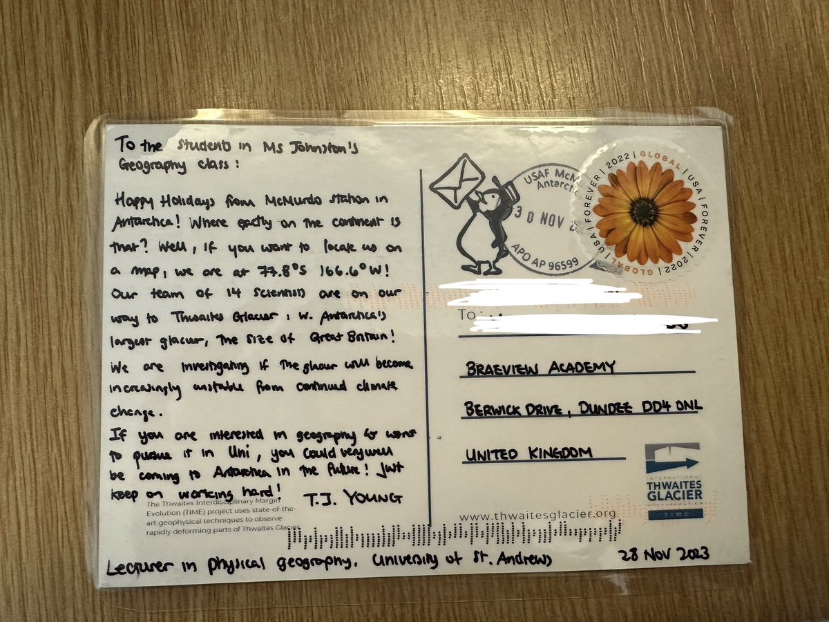 MissJGeo's tweet photo. We received something very exciting in the post this week. A holiday postcard from Dr TJ Young @univofstandrews all the way from Antarctica.  ⛄️ @BraeviewAcademy #WeAreBraeview https://t.co/a2t0vNASlK