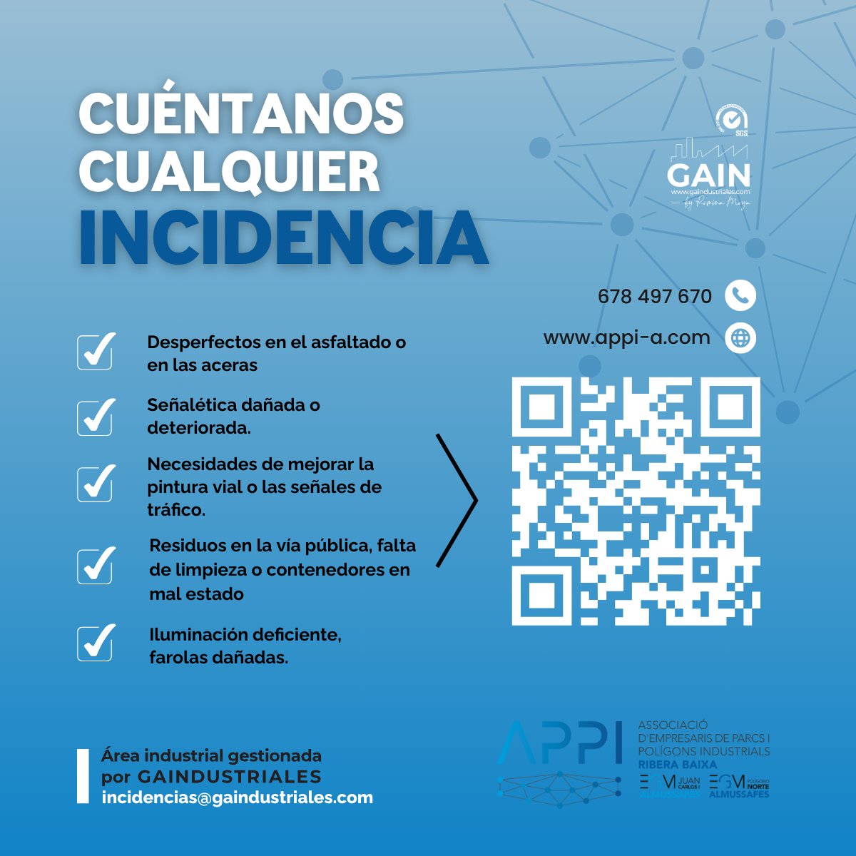¿Desperfectos en el asfaltado? ¿Residuos en la vía pública? ¿Ilumnicación deficiente?

Cualquier 𝗶𝗻𝗰𝗶𝗱𝗲𝗻𝗰𝗶𝗮 que detectes, por favor, ¡comunícanosla! Nosotros la solucionaremos lo más rápido posible 🏃‍♂️

➡ Formulario de incidencias: appi-a.com/incidencias/