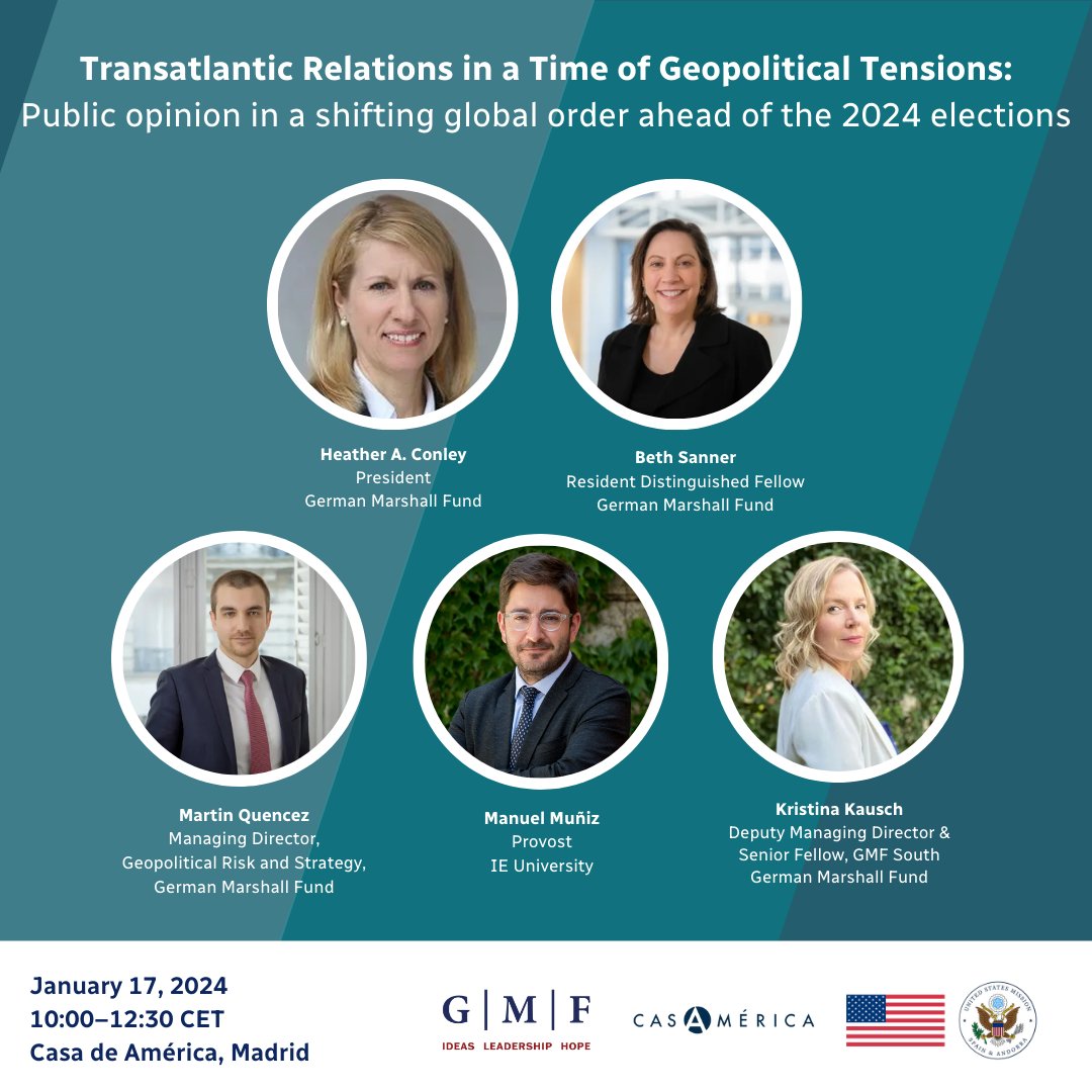 GMF is hosting its first event in Madrid with @casamerica and @USembassyMadrid on 1/17. Hear from GMF President @HConleyGMF, and experts @kristinakausch, Martin Quencez & Beth Sanner, along with @manuelmunizv of @IEuniversity. Learn more: bit.ly/3NWKLH2