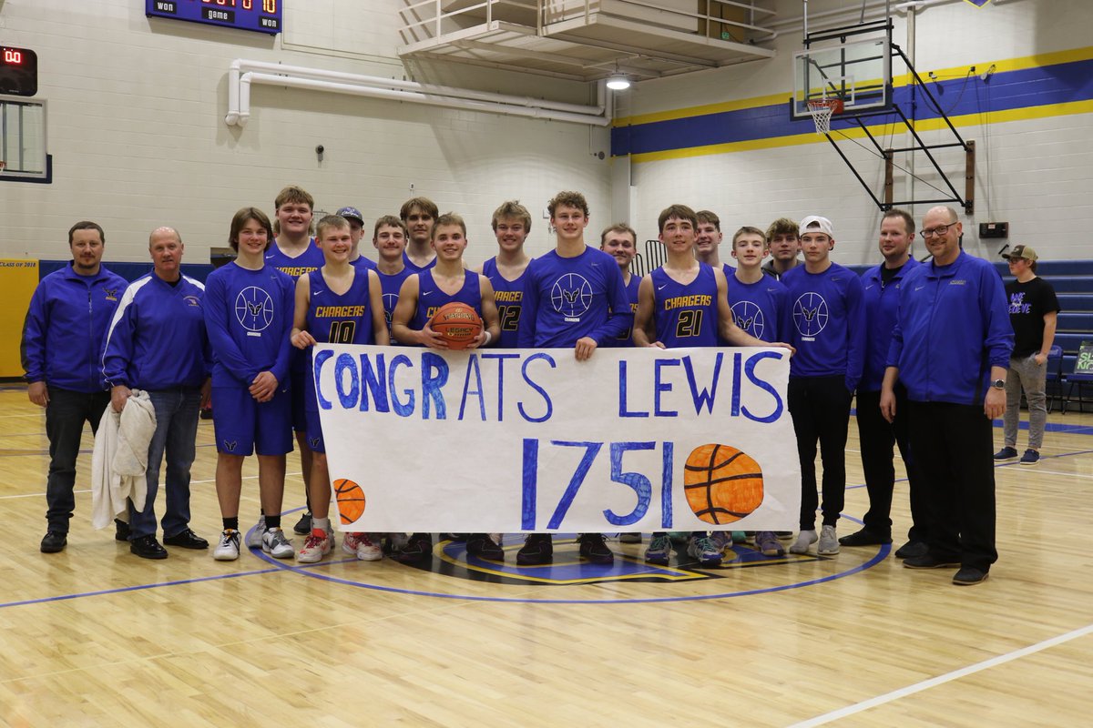 BbbChargers's tweet photo. Congratulations to Lewis Jones on breaking the all time scoring record for Goodridge and Grygla Schools on Tuesday night in a 65-60 win over Northern Freeze.  He broke Caitlyn Jacobson’s record of 1750 points with a three pointer with 7 minutes left in the game. https://t.co/zjunrzjmzn