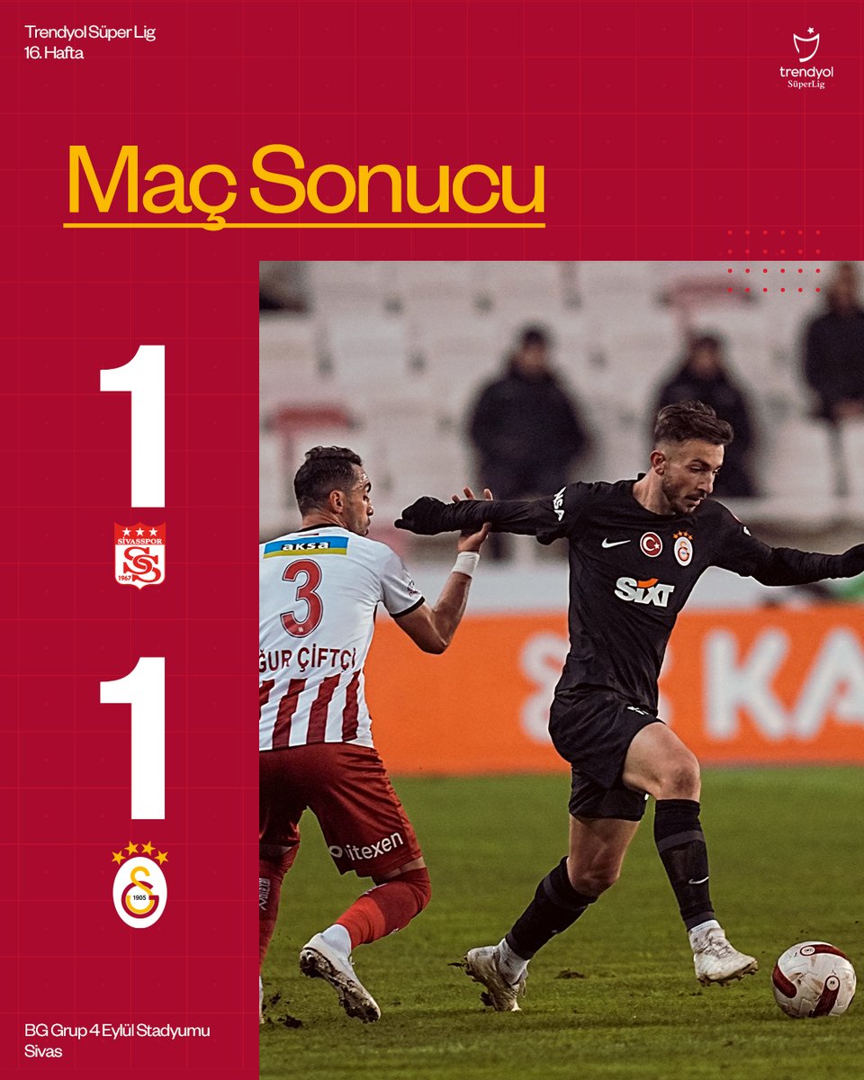 GalatasaraySK's tweet photo. Maç sonucu: E. Y. Sivasspor 1-1 Galatasaray

#SVSvGS https://t.co/SfVIV7yyGX