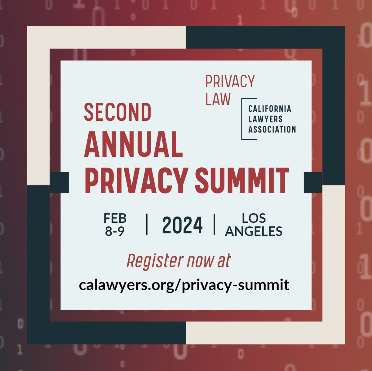 The 2024 Privacy Law Summit is back at UCLA on Feb 8-9! Registration is open – and get your tickets now! ieventreg.com/event/long.php…

#CLAAnnualPrivacySummit #AnnualPrivacySummit24 #CLA #privacy #CCPA #privacyenforcement