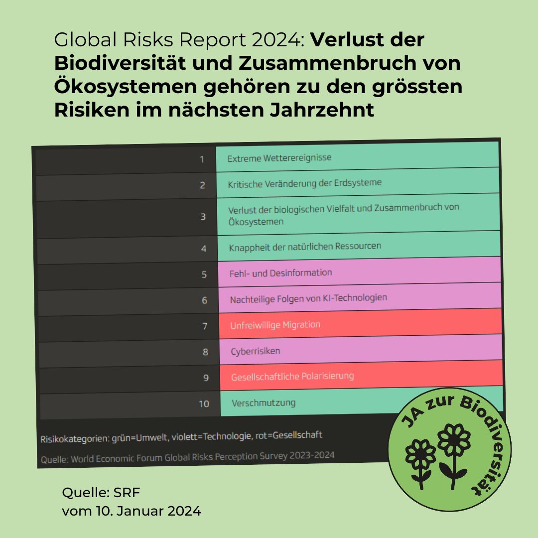 biodivInit's tweet photo. Erneut stehen 3 Risiken im Zusammenhang mit der #Klima- und #Biodiversitätskrise ganz vorne im @WEF Risk Report. Denn das akute #Artensterben trifft uns Menschen ganz direkt. Es bedroht unsere #Lebensgrundlagen - in der #Schweiz und weltweit. Mehr dazu: https://t.co/NUophDTYCJ https://t.co/iySM4YFE1O