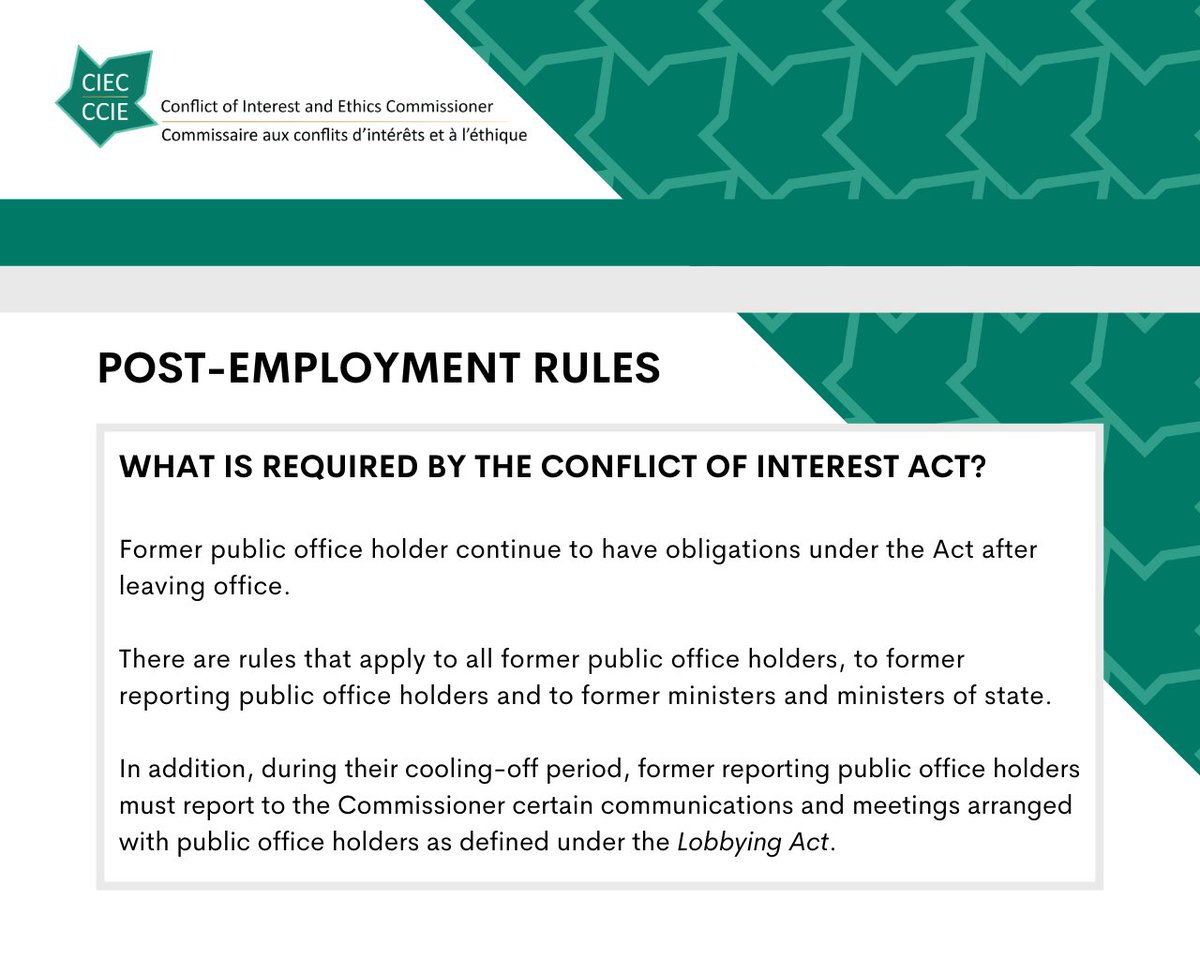 Former public office holders must follow some rules in the #ConflictOfInterest Act for life - No taking improper advantage of their previous office - No switching sides - No improperly using non-public info gained while in office Post-employment rules: bit.ly/3vO3sCA