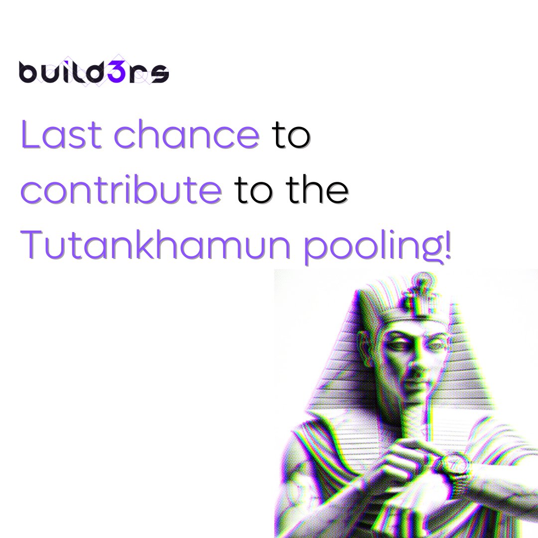 n0ddity's tweet photo. ๐ข Final Call: Contribute Now to Tutankhamun Pooling! ๐
Explore https://t.co/i0U4nRFJMa, sign in, grab your $PLAY, and contribute to Treasure from Tutankhamun's tomb!
Your turn to shine ๐ซต - We're counting on your invaluable contribution!
#Tutankhamun #refi #Build3rs #web3 https://t.co/4s6mEWxFq7