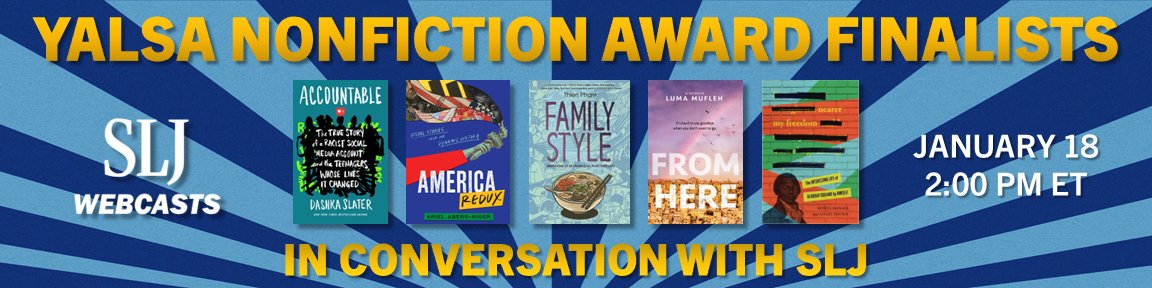 ZestBooks (@zestbooks) on Twitter photo What a gathering of minds! Five #YALSA Nonfiction Award Finalists will discuss their amazing titles, their research process, and more on January 18th, 2pm EST. Register for this webinar hosted by <a href="/sljournal/">SchoolLibraryJournal</a>:
okt.to/o3Saxv
<a href="/DashkaSlater/">Deirdre Slater</a> @arielabergriger <a href="/TeacherLesley/">TeacherLesley</a> What a gathering of minds! Five #YALSA Nonfiction Award Finalists will discuss their amazing titles, their research process, and more on January 18th, 2pm EST. Register for this webinar hosted by <a href="/sljournal/">SchoolLibraryJournal</a>:
okt.to/o3Saxv
<a href="/DashkaSlater/">Deirdre Slater</a> @arielabergriger <a href="/TeacherLesley/">TeacherLesley</a>