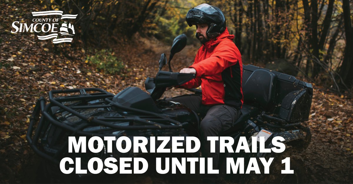 simcoecounty's tweet photo. Off-road vehicle users are reminded that all ATV, dirt bike &amp; snowmobile trails are CLOSED. Many #SimcoeCountyForest tracts experienced misuse over the holiday, causing damage that's costly to fix &amp; can lead to permanent closures of trail systems. Please respect seasonal closures https://t.co/yAR0CXFJRl