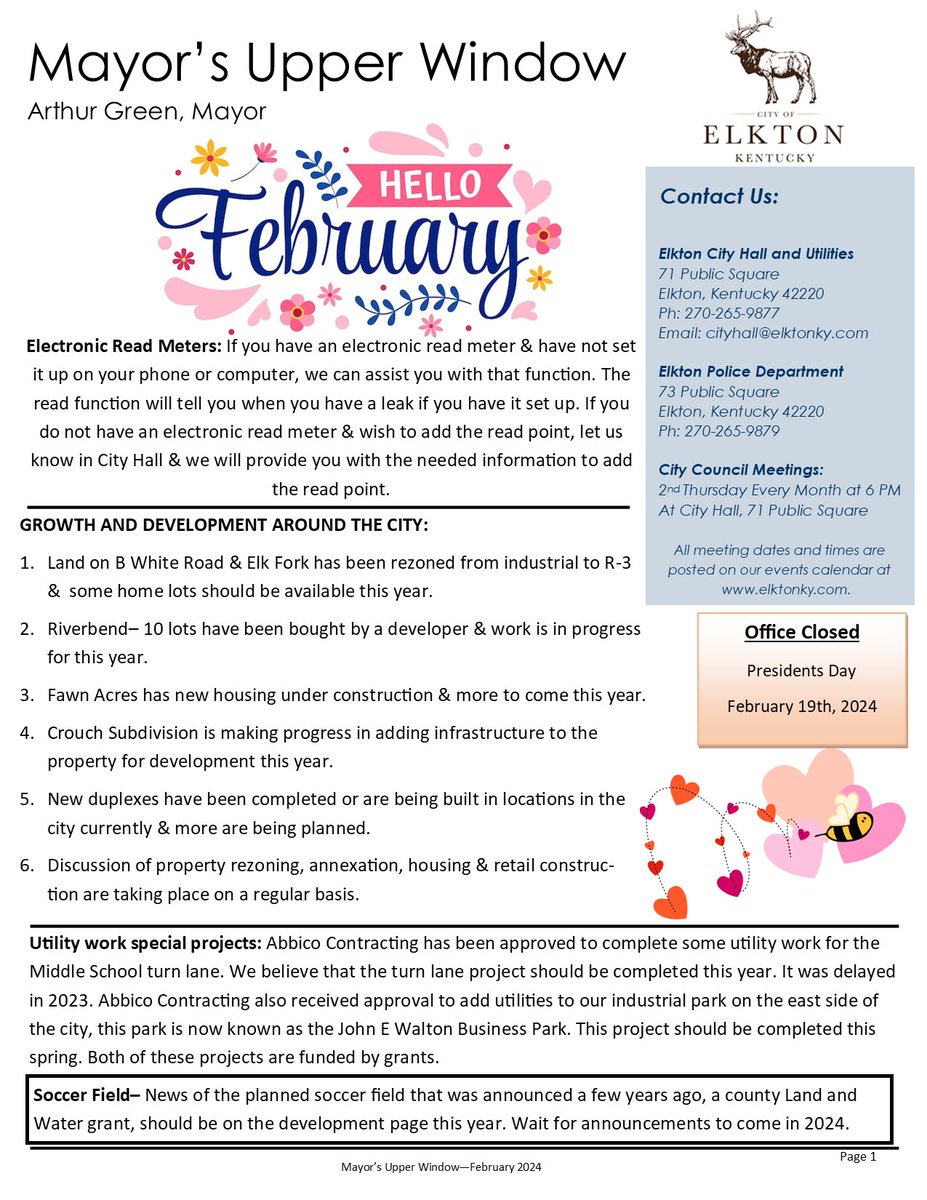ElktonKy's tweet photo. Mayor's Upper Window Newsletter- February 2024 https://t.co/h6pFO8YbJ2