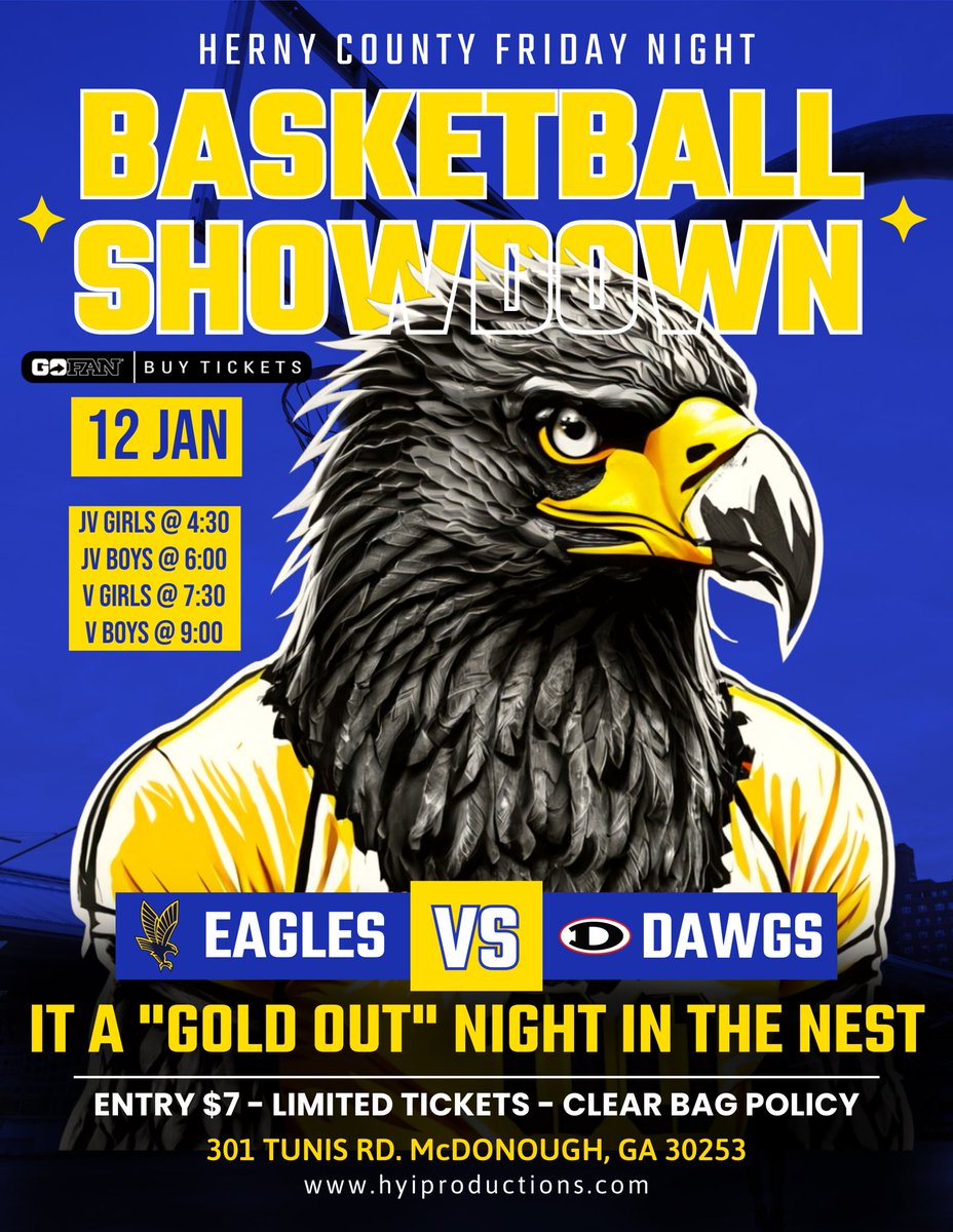 ELHSHoops's tweet photo. 🚨 FRIDAY NIGHT SHOWDOWN 🚨
             EAGLES 🆚 DAWGS‼️

        ‼️ Gold Out in the Nest ‼️ 

🗓️ Jan 12
📍 ELHS
⏰ 4:30

@AthleticsHenry @HDHSports @GPBsports @AJCsports @SandysSpiel @BTS_Report @RYZEHoops @EyaHoops @Relentless_Hoop @PrepHoopsGA @OntheRadarHoops @SHReport https://t.co/gzByDaZriu