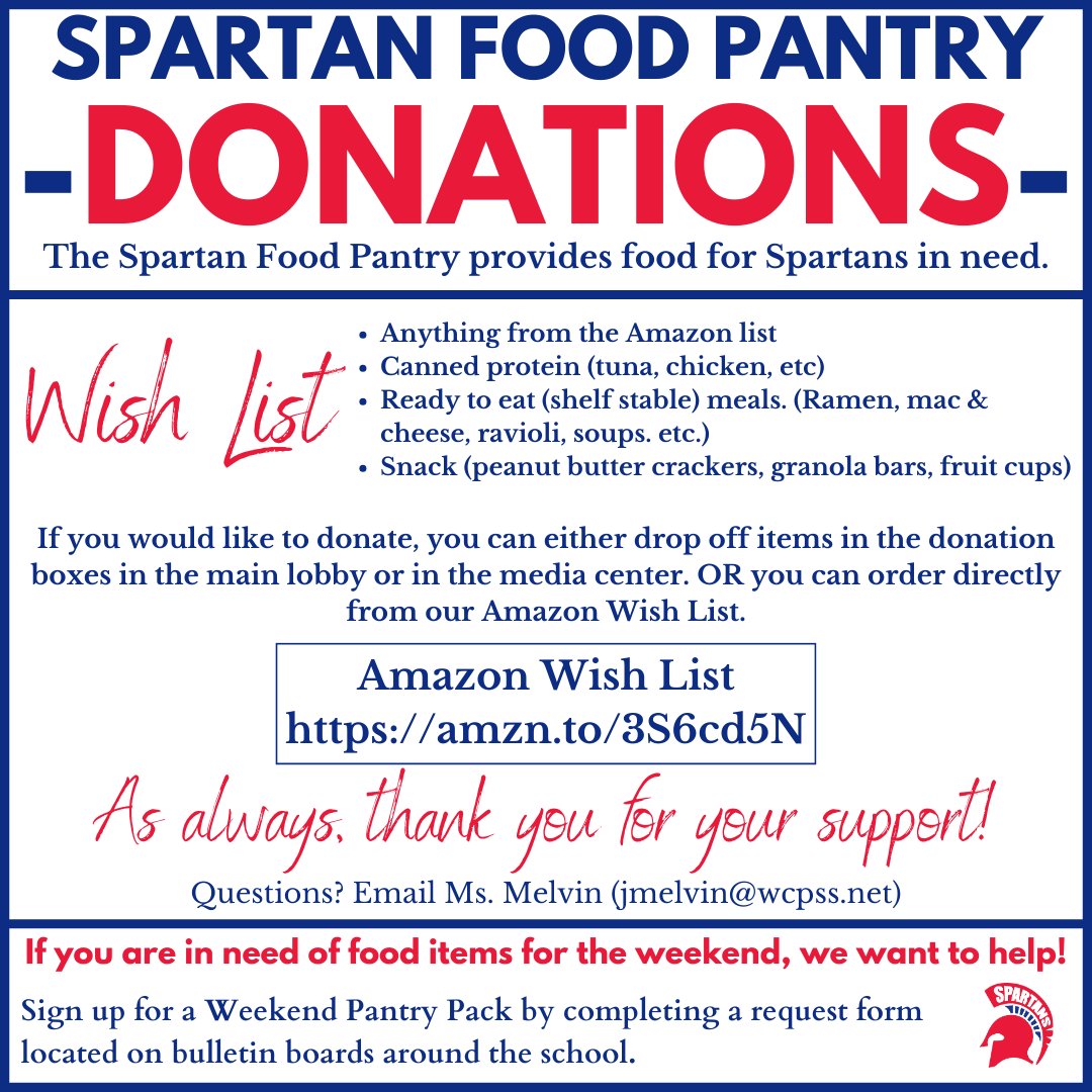 SpartanPTO's tweet photo. The Spartan Food Pantry provides for Spartans in need. If you want to donate shelf-stable food items to the pantry, you can drop items off in the main lobby &amp; media center or shop our Amazon Wishlist for delivery. https://t.co/CmoXn89pVF
As always, thank you for your support! https://t.co/jjNjyszW7L
